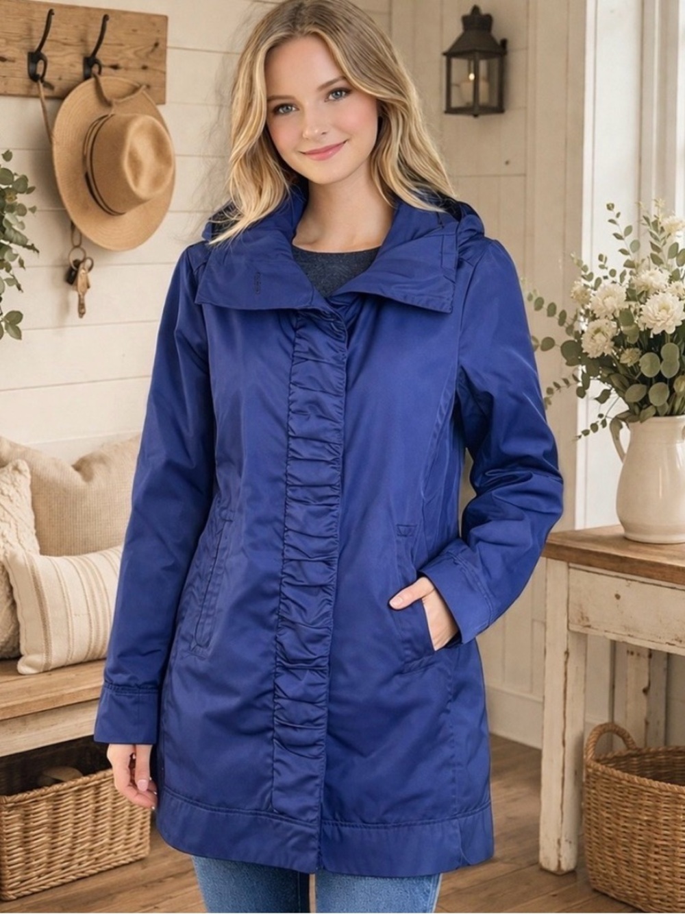 Rainforest Cobalt Royal Blue Ruffle Front Trench Coat